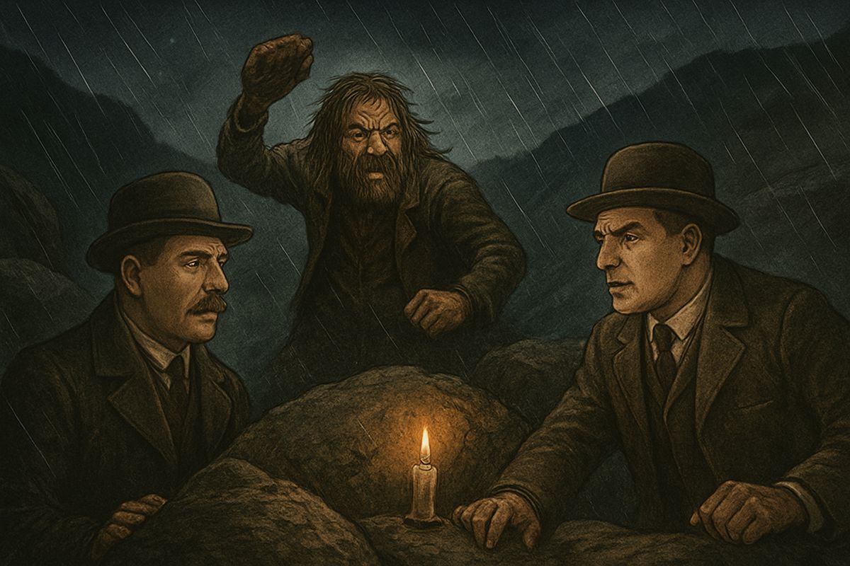 The two men set out in the rain to catch the convict. On the way, a long, deep howl rose out of the darkness, and Sir Henry went cold. "It was the cry of a hound," he said, but he pressed on. At the candle among the rocks, a savage face rose up, and Selden hurled a stone before running off.