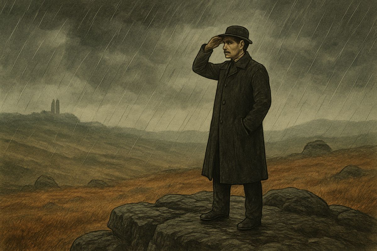 Next evening, in pouring rain, Watson climbed the black tor where he had seen the tall stranger. From the top he saw only mist, the distant towers of the Hall and the ancient stone huts, but no living soul. Driving him home, Dr. Mortimer named one woman with those initials: Laura Lyons of Coombe Tracey, old Frankland's daughter.