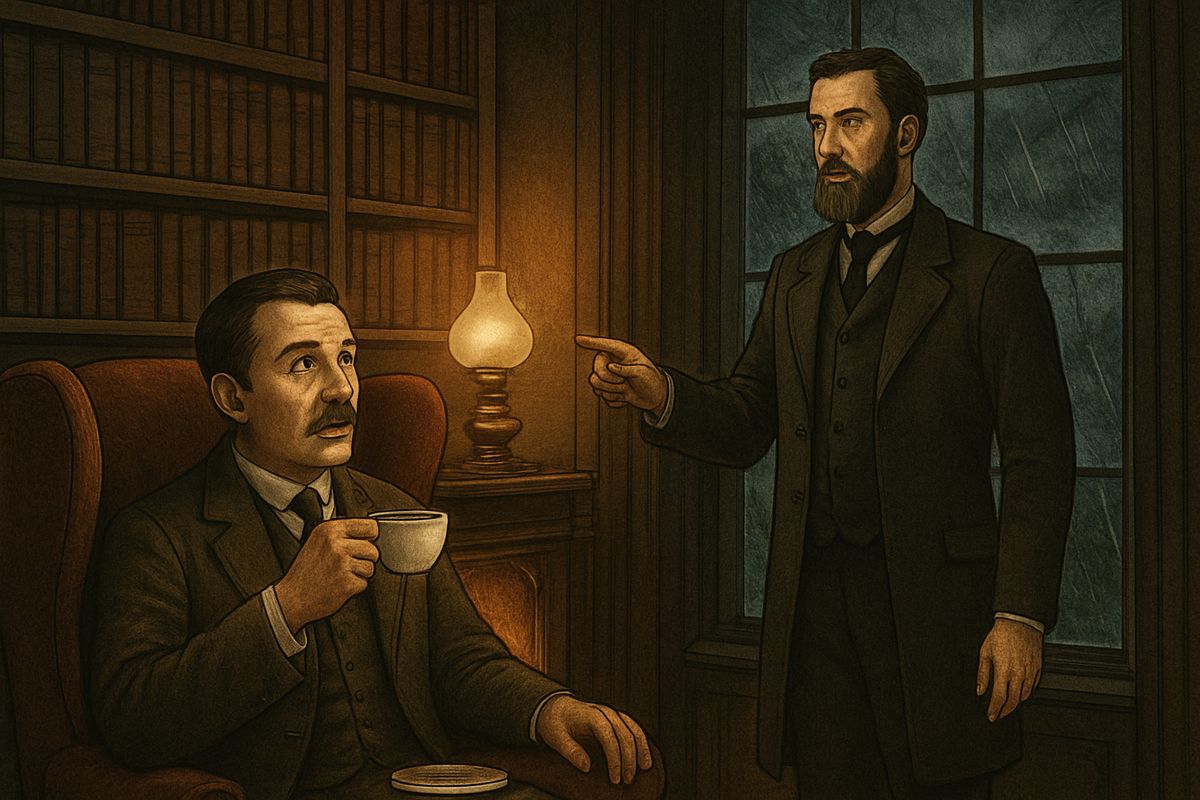 That night, over coffee in the library, Barrymore let slip something more. Selden had told him of another man hiding on the moor, a kind of gentleman living in the old stone huts, with a lad who brought him all his food. 'There's foul play somewhere,' Barrymore said, 'and there's black villainy brewing!'