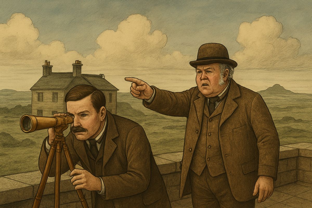 Driving home, Watson was waved in by Frankland, who boasted of his lawsuits and claimed to have spied the convict's food carrier through his rooftop telescope. 'Quick, Dr. Watson, quick!' Through the lens Watson saw a ragged boy with a bundle toiling up the stony hill beyond the Black Tor. This was surely the lad Barrymore had spoken of.