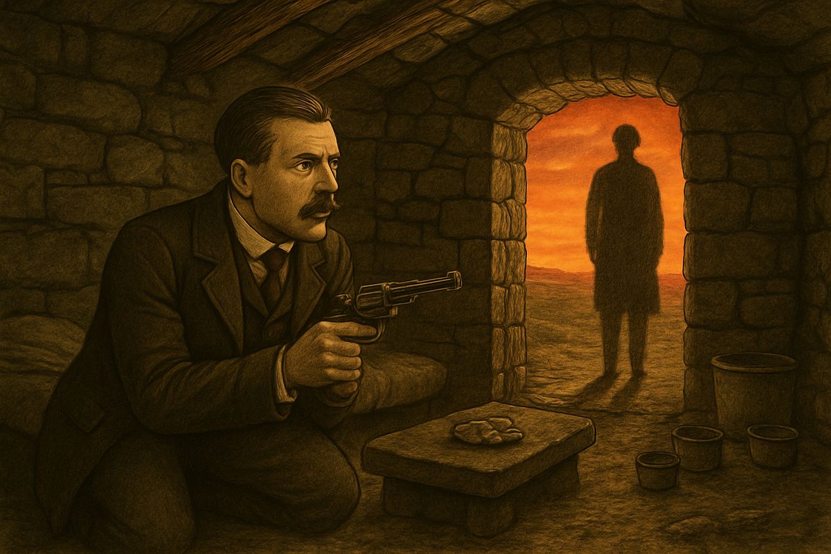 Watson tracked the boy to a ring of stone huts. One was empty, but held blankets, tins, the boy's bundle and a pencilled note reporting Watson's own trip to Coombe Tracey. So he was the one being watched! He waited in the dark, revolver cocked, until boots rang on stone and a shadow fell across the doorway. 'It is a lovely evening, my dear Watson.'