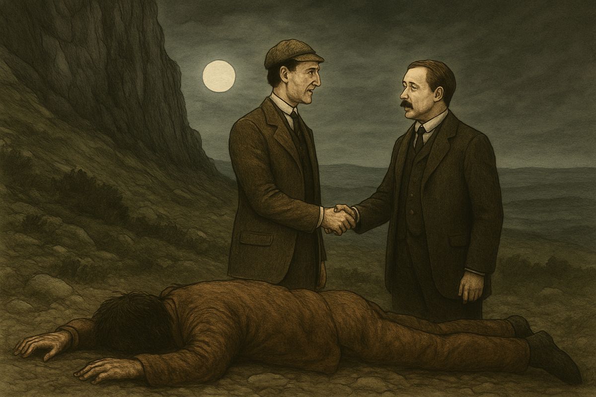 Below a sheer cliff they found a man lying face down in Sir Henry's ruddy tweed suit, and they grieved, each blaming himself. But when the moon rose Holmes saw a beard. It was Selden the convict, wearing the old clothes Sir Henry had given Barrymore. The hound had been set on Sir Henry's scent and had hunted the wrong man.