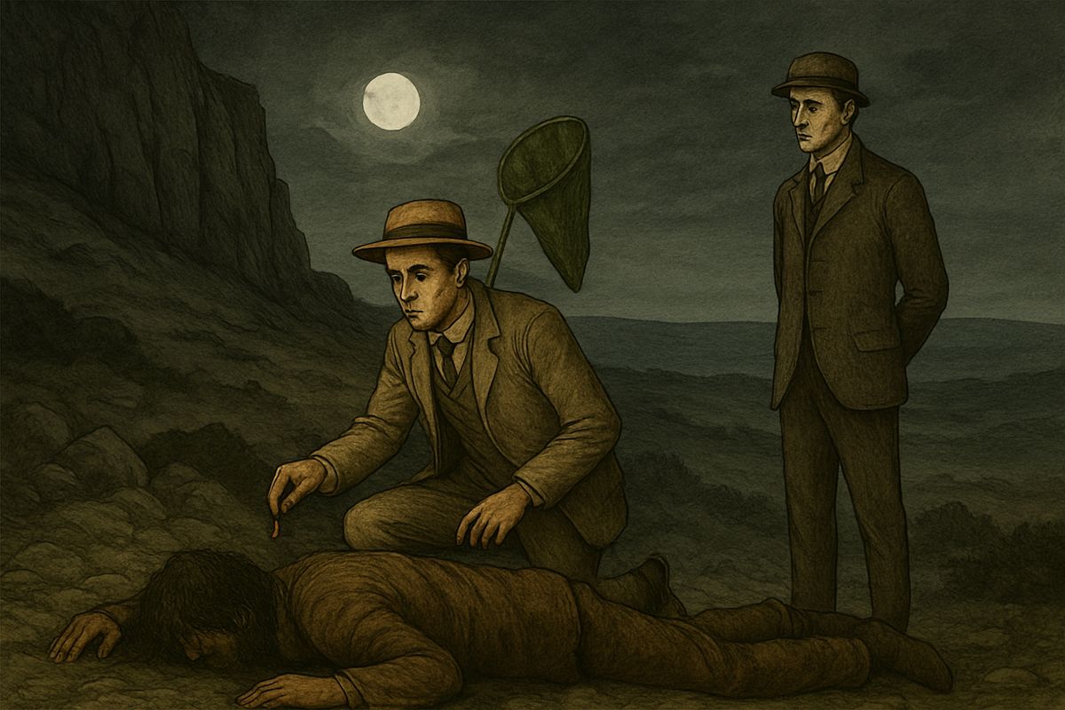 Then Stapleton strolled up out of the dark, cigar glowing. When he saw that the dead man was not Sir Henry, the cigar fell from his fingers, though he quickly calmed himself. Holmes played along, blaming the fall on madness and saying he was going back to London. On the way to the Hall, he told Watson to say nothing to Sir Henry about the hound.