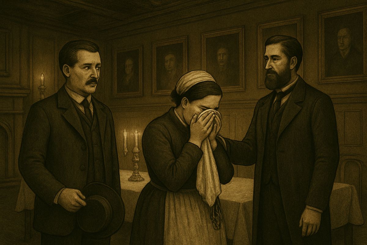 That night Watson broke the news of Selden's death, and Mrs. Barrymore wept bitterly into her apron, for to her he was still the little brother who had once clung to her hand. Later, over a late supper beneath the family portraits, Holmes suddenly fell silent, his eyes fixed on the picture of wicked Hugo.