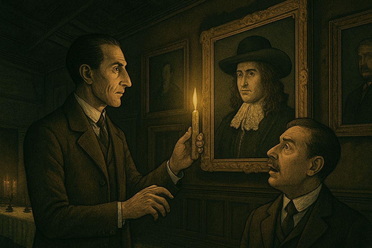 When Sir Henry had gone to bed, Holmes stood on a chair with his candle and curved his arm over Hugo's broad plumed hat and long curls. Out of the canvas sprang the face of Stapleton! “The fellow is a Baskerville,” said Holmes. The naturalist was secretly after the family inheritance.