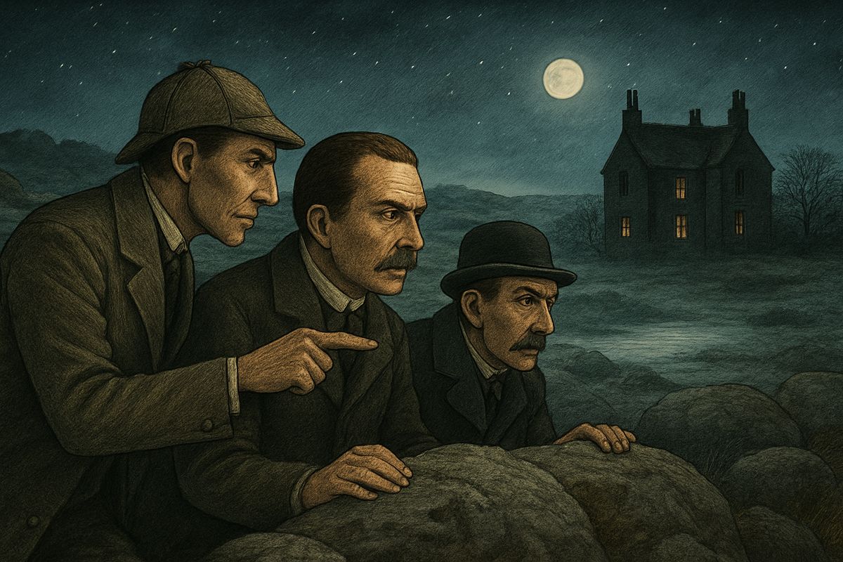 After a long, silent drive in the dark, Holmes, Watson and Inspector Lestrade crept along the track towards Merripit House, where Sir Henry was dining with Stapleton. Two hundred yards off, Holmes halted them among the rocks. "We shall make our little ambush here," he whispered, while a great lake of white fog lay over the Mire.