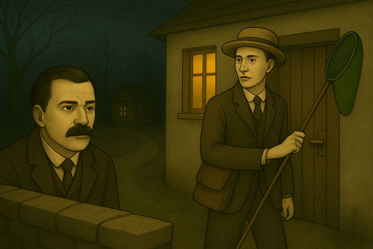Watson crept behind the orchard wall. Through the window he saw Sir Henry, pale and uneasy, smoking with his host. Then Stapleton slipped outside, unlocked a little out-house, and went in; from within came a curious scuffling noise. A minute later he locked it again and returned to his guest.