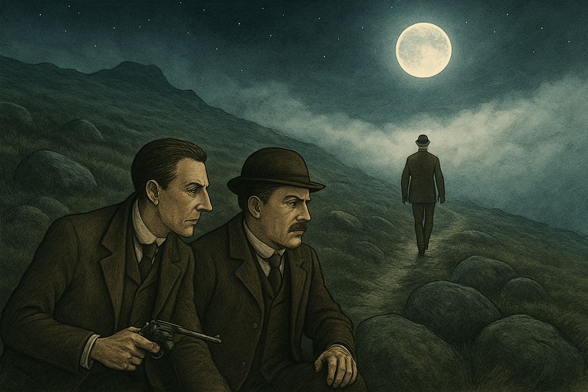 The fog rolled steadily nearer, swallowing the orchard until the house floated on it like a ship, and Holmes stamped with impatience. At last quick steps sounded, and Sir Henry stepped out of the white wall into the starlight, walking homeward and glancing nervously over either shoulder as he passed the hidden watchers.