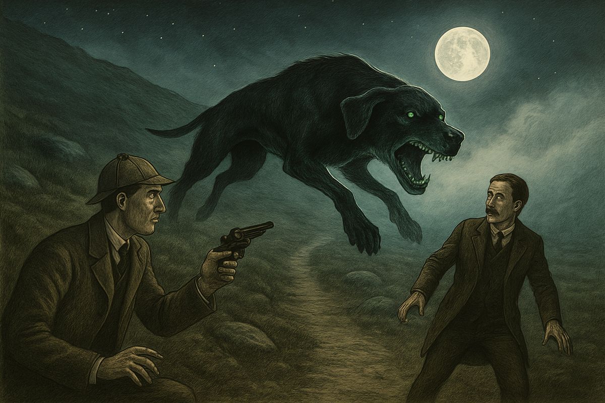 A thin, crisp patter came from inside the fog. Then out of it burst a hound such as mortal eyes had never seen: an enormous coal-black beast with fire seeming to pour from its open jaws and eyes glowing with a smouldering glare. Lestrade yelled and threw himself flat, and Watson's hand froze on his pistol.