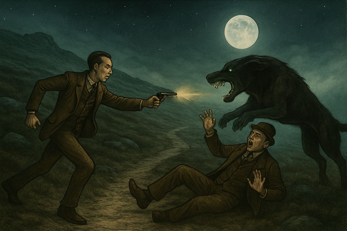 Holmes and Watson fired; the hound howled but bounded on after Sir Henry. Holmes ran as Watson had never seen a man run. The beast sprang and hurled the baronet to the ground, but Holmes emptied five barrels into its flank, and the giant hound rolled over dead. Sir Henry, though senseless, was unhurt.