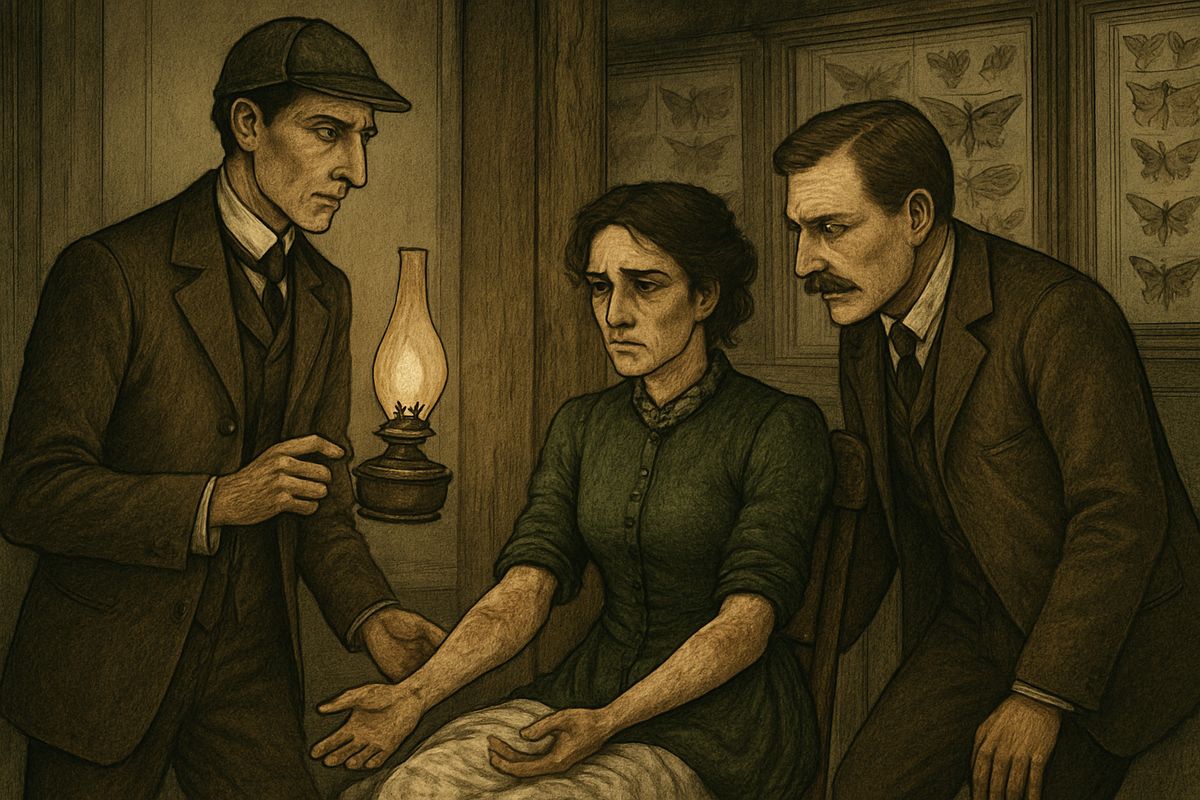Watson touched the dead hound's muzzle, and his own fingers gleamed in the dark. "Phosphorus," he said. Leaving Sir Henry to recover, they searched Merripit House. Stapleton had fled, but in a locked room they found his wife tied to a post, bruised and whip-marked. She told them he had gone to his hiding place, an old tin mine on an island in the Mire.