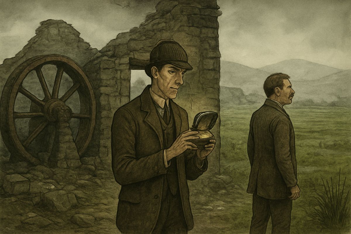 Next morning Beryl led them to the marked path. Deep in the bog Holmes pulled out Sir Henry's old black boot, which Stapleton had used to set the hound on his trail, but no tracks reached the island; the Mire had swallowed him. On the island they found a chain, gnawed bones, a tin of glowing paste, and the skeleton of Mortimer's poor spaniel.