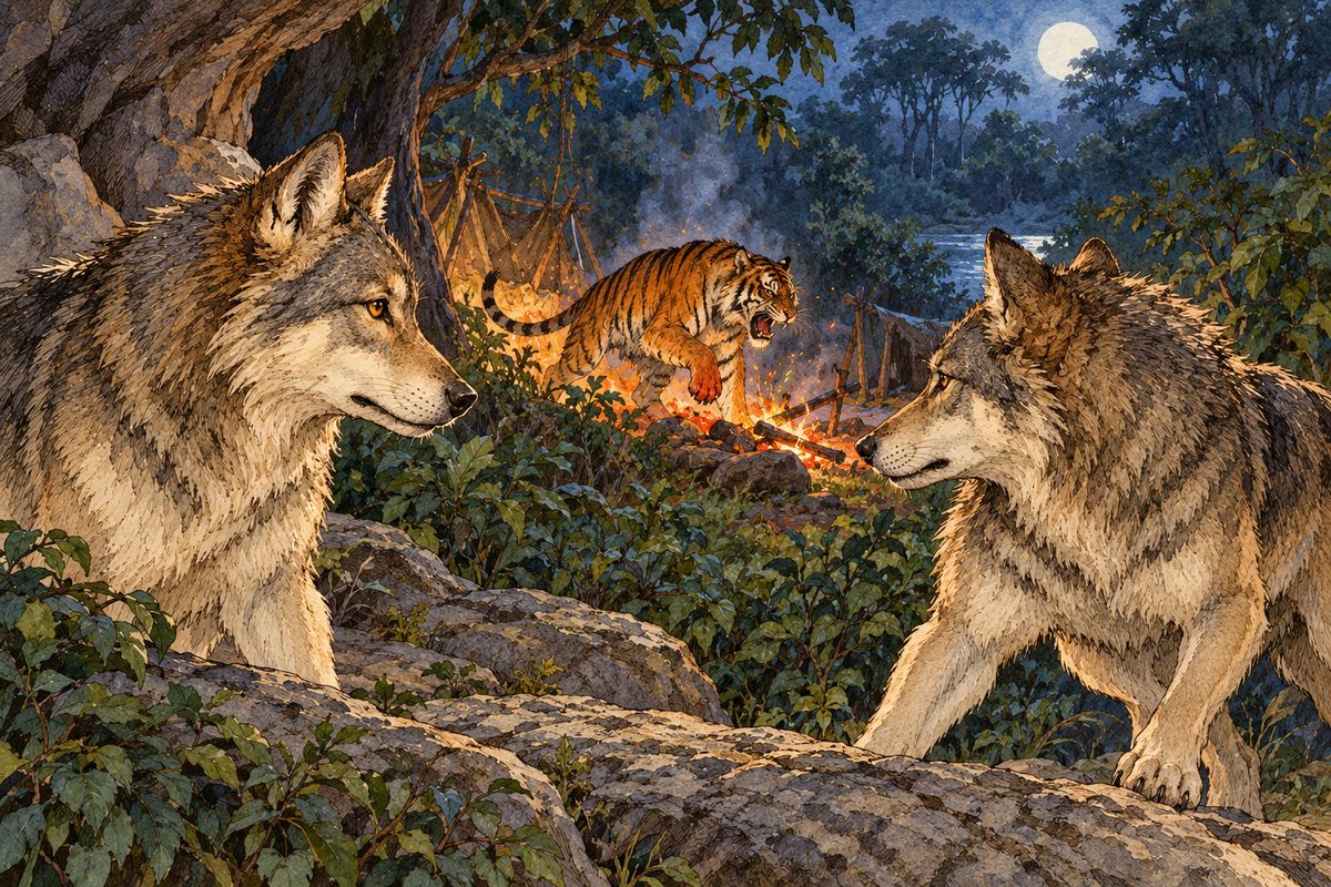 Then there was a howl—an untigerish howl—from Shere Khan. “He has missed,” said Mother Wolf. “What is it?” Father Wolf ran out a few paces and heard Shere Khan muttering and mumbling savagely as he tumbled about in the scrub. “The fool has had no more sense than to jump at a woodcutter’s campfire, and has burned his feet,” said Father Wolf with a grunt.