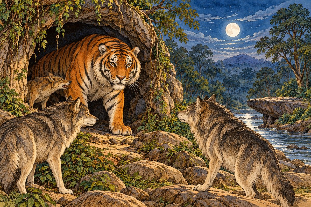 The moonlight was blocked out of the mouth of the cave, for Shere Khan’s great square head and shoulders were thrust into the entrance. Tabaqui, behind him, was squeaking: “My lord, my lord, it went in here!”