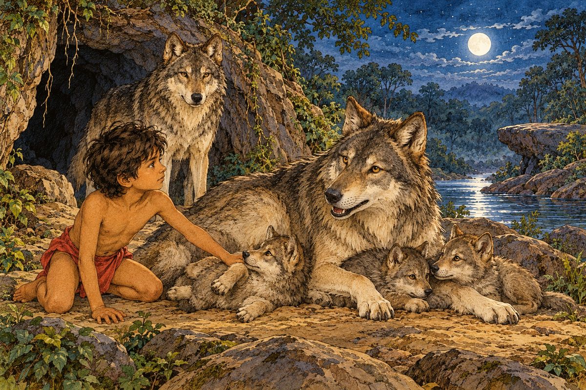 “Shere Khan speaks this much truth. The cub must be shown to the Pack. Wilt thou still keep him, Mother?” “Keep him!” she gasped. “He came naked, by night, alone and very hungry; yet he was not afraid! Look, he has pushed one of my babes to one side already. And that lame butcher would have killed him and would have run off to the Waingunga while the