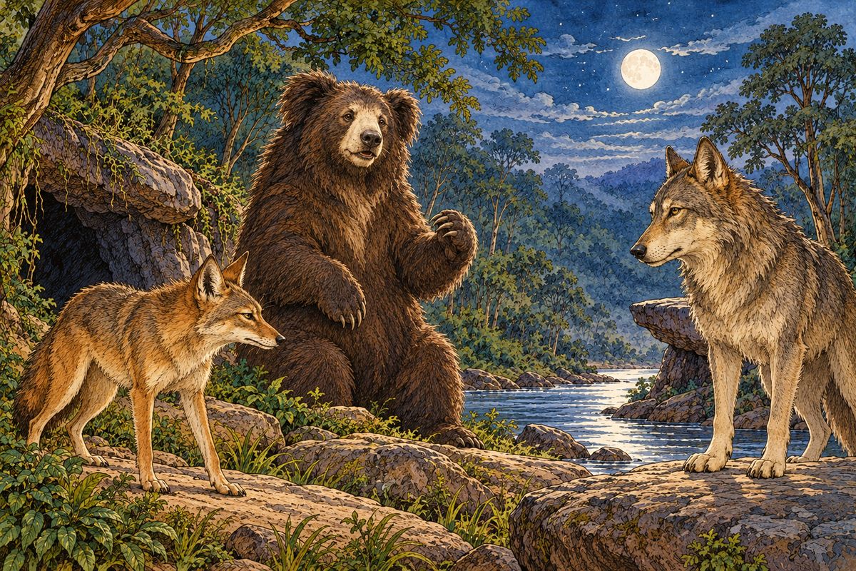 Then the only other creature who is allowed at the Pack Council—Baloo, the sleepy brown bear who teaches the wolf cubs the Law of the Jungle: old Baloo, who can come and go where he pleases because he eats only nuts and roots and honey—rose upon his hind quarters and grunted. “The…