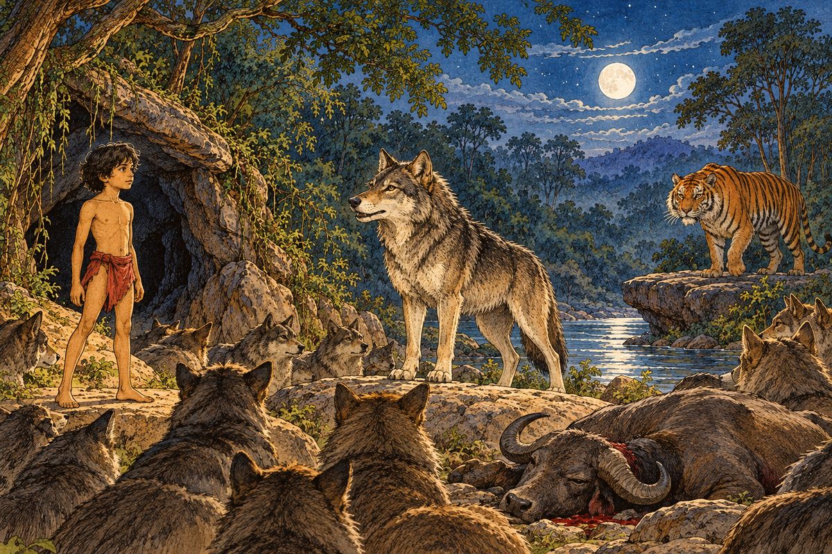 “To kill a naked cub is shame. Besides, he may make better sport for you when he is grown. Baloo has spoken in his behalf. Now to Baloo’s word I will add one bull, and a fat one, newly killed, not half a mile from here, if ye will accept the man’s cub according to the Law. Is it difficult?” There was a clamor of scores of voices, saying: “What matter? He