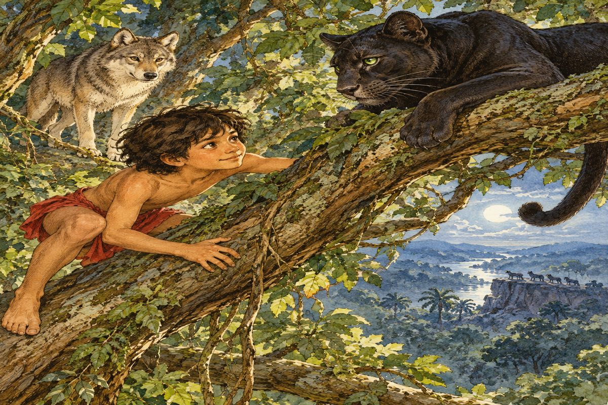 Bagheera would lie out on a branch and call, “Come along, Little Brother.” Bagheera would lie out on a branch and call, “Come along, Little Brother,” and at first Mowgli would cling like the sloth, but afterward he would fling himself through the branches almost as boldly as the gray ape.