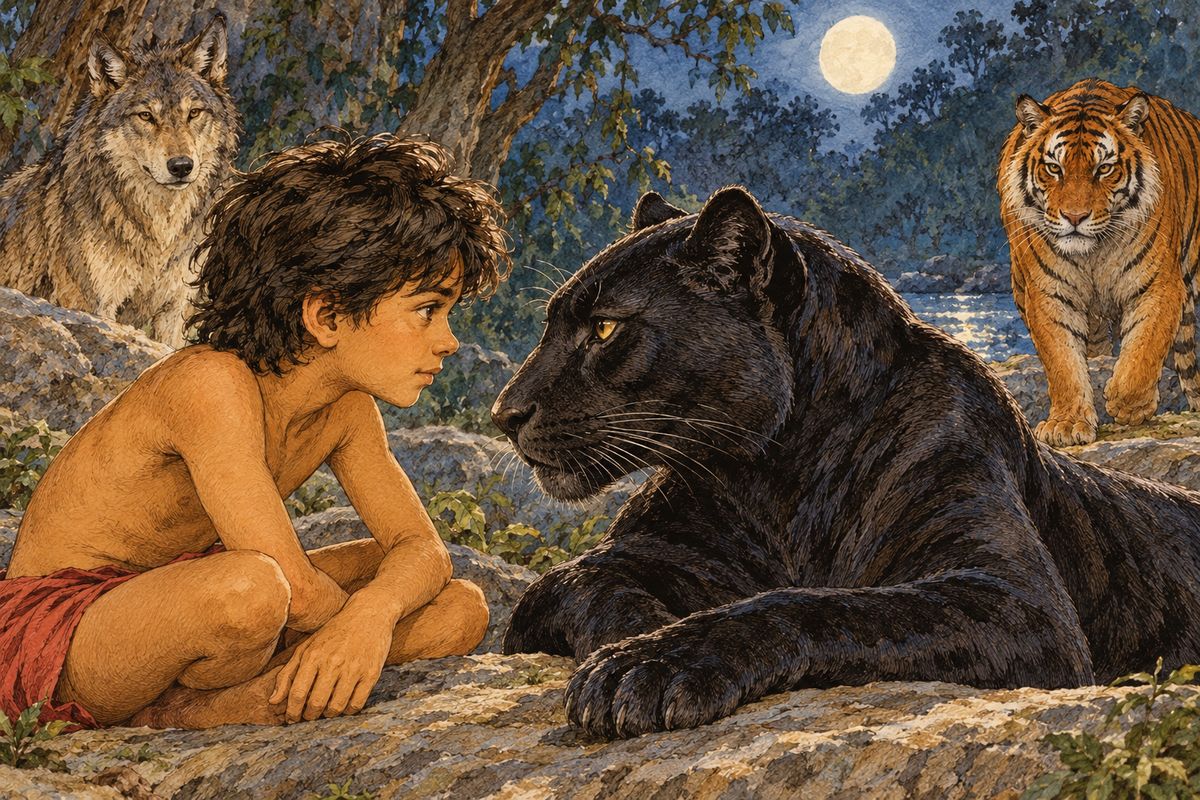 “Oh, thou art a man’s cub,” said the Black Panther very tenderly. “And even as I returned to my jungle, so thou must go back to men at last—to the men who are thy brothers—if thou art not killed in the Council.”