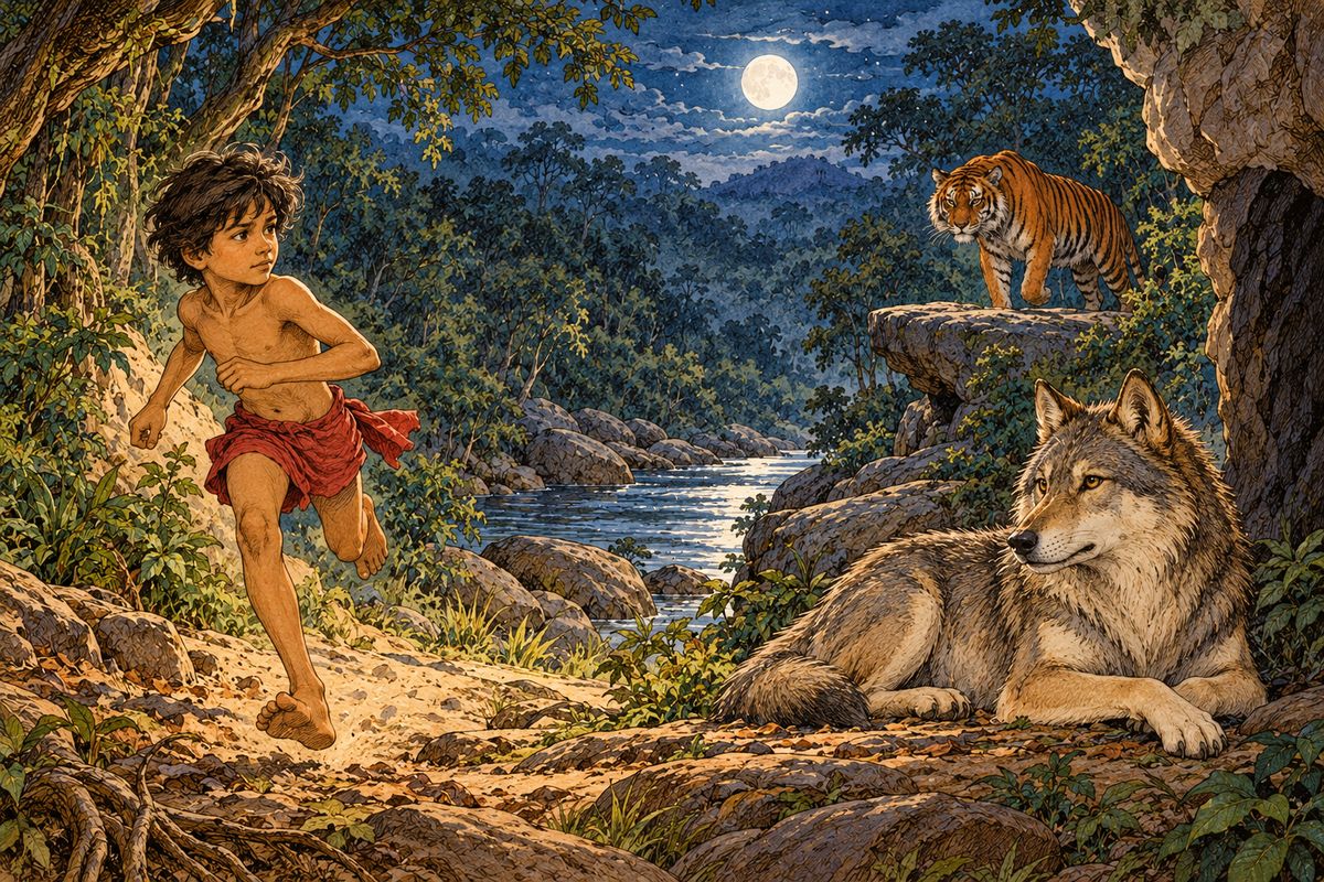 “Then, by the Bull that bought me, I will pay Shere Khan full tale for this, and it may be a little over,” said Mowgli, and he bounded away. “That is a man.