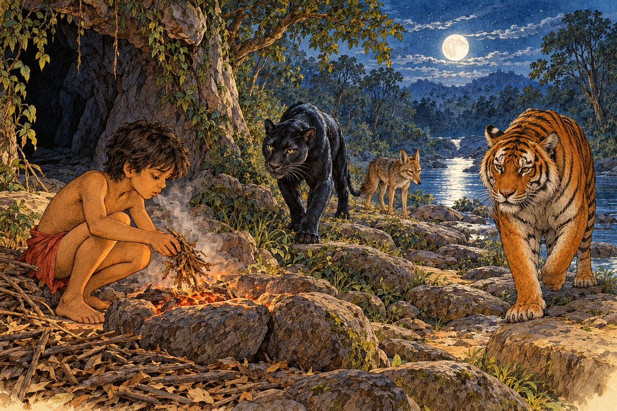 “They are very like me,” said Mowgli, blowing into the pot as he had seen the woman do. “This thing will die if I do not give it things to eat”; and he dropped twigs and dried bark on the red stuff.