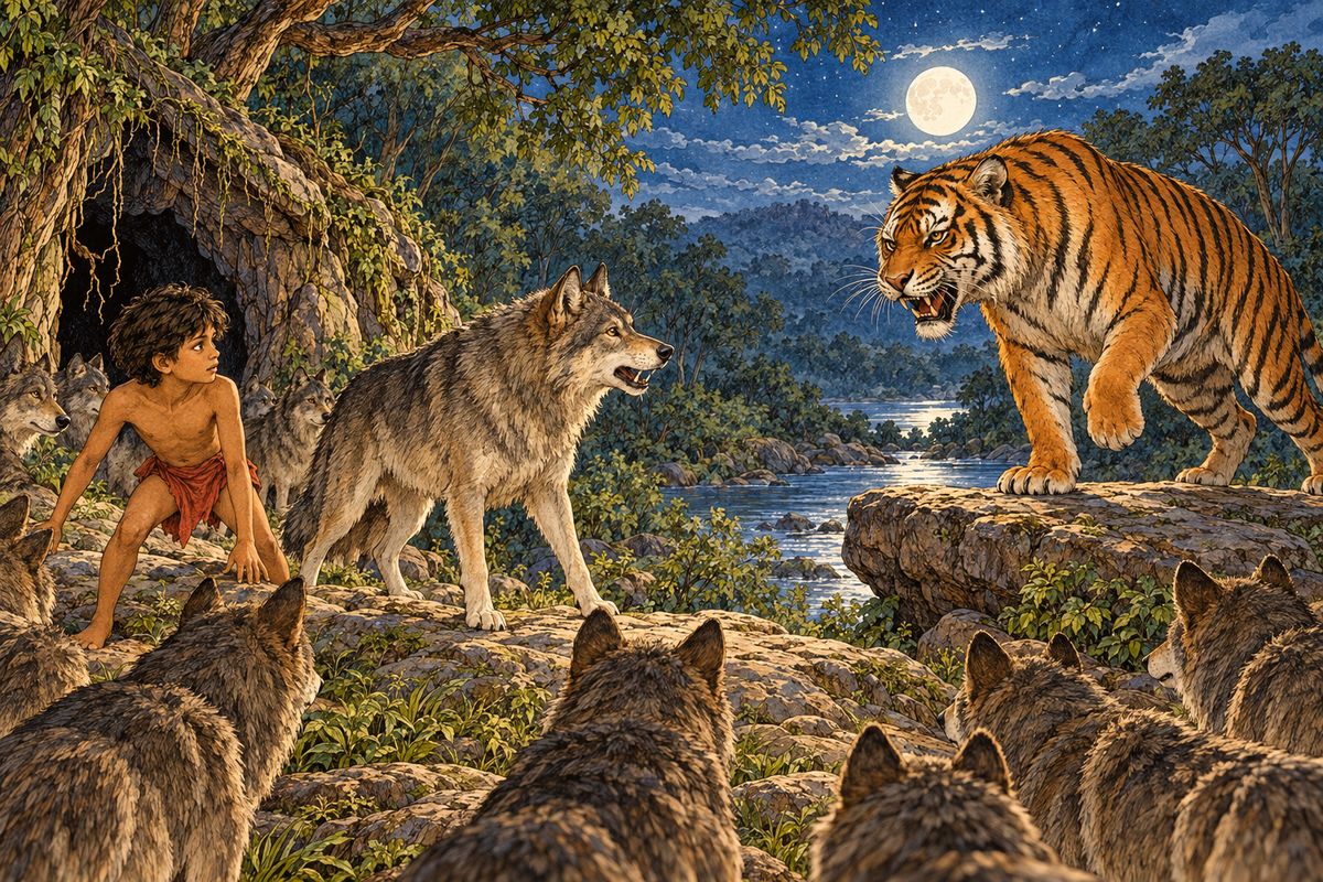 “No man’s cub can run with the people of the jungle,” howled Shere Khan. “Give him to me!” “He is our brother in all but blood,” Akela went on, “and ye would kill him here! In truth, I have lived too long. Some of ye are eaters of cattle, and of others I have heard that, under Shere Khan’s teaching, ye go by dark night and snatch children from the