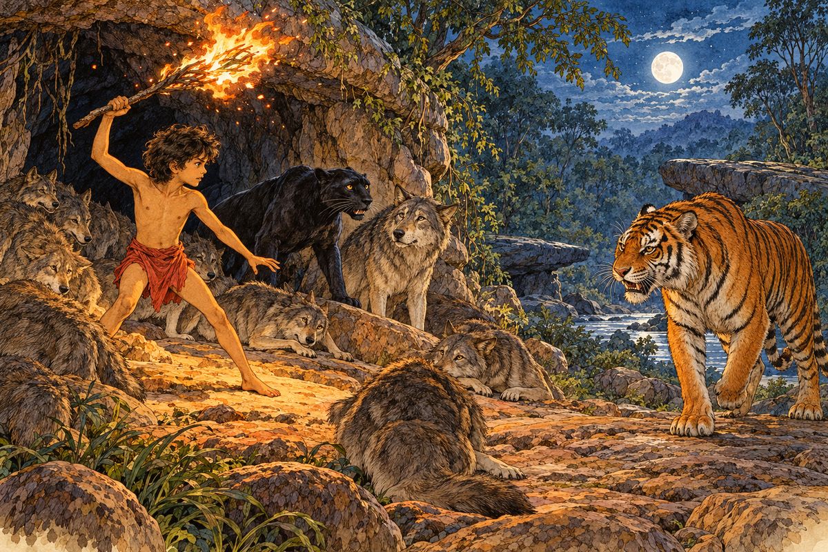 Mowgli thrust his dead branch into the fire till the twigs lit and crackled, and whirled it above his head among the cowering wolves. “Thou art the master,” said Bagheera in an undertone.
