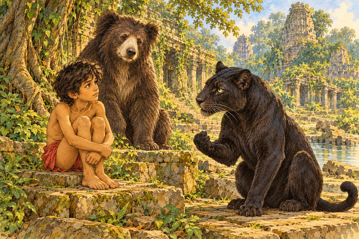 “But think how small he is,” said the Black Panther, who would have spoiled Mowgli if he had had his own way. “How can his little head carry all thy long talk?”