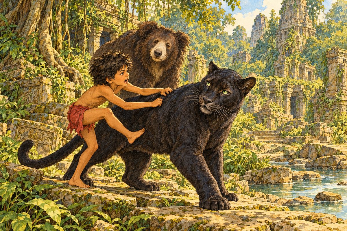 “Except his own tribe,” said Bagheera, under his breath; and then aloud to Mowgli, “Have a care for my ribs, Little Brother! What is all this dancing up and down?”