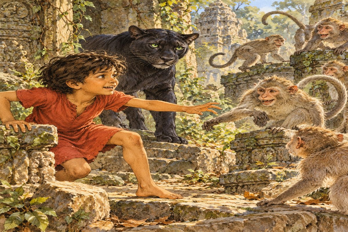 “They have no leader,” said Bagheera. “They lie. They have always lied.” “They were very kind and bade me come again. Why have I never been taken among the Monkey People? They stand on their feet as I do. They do not hit me with their hard paws. They play all day. Let me get up! Bad Baloo, let me up! I will play with them again.” “Listen, man-cub,” said the