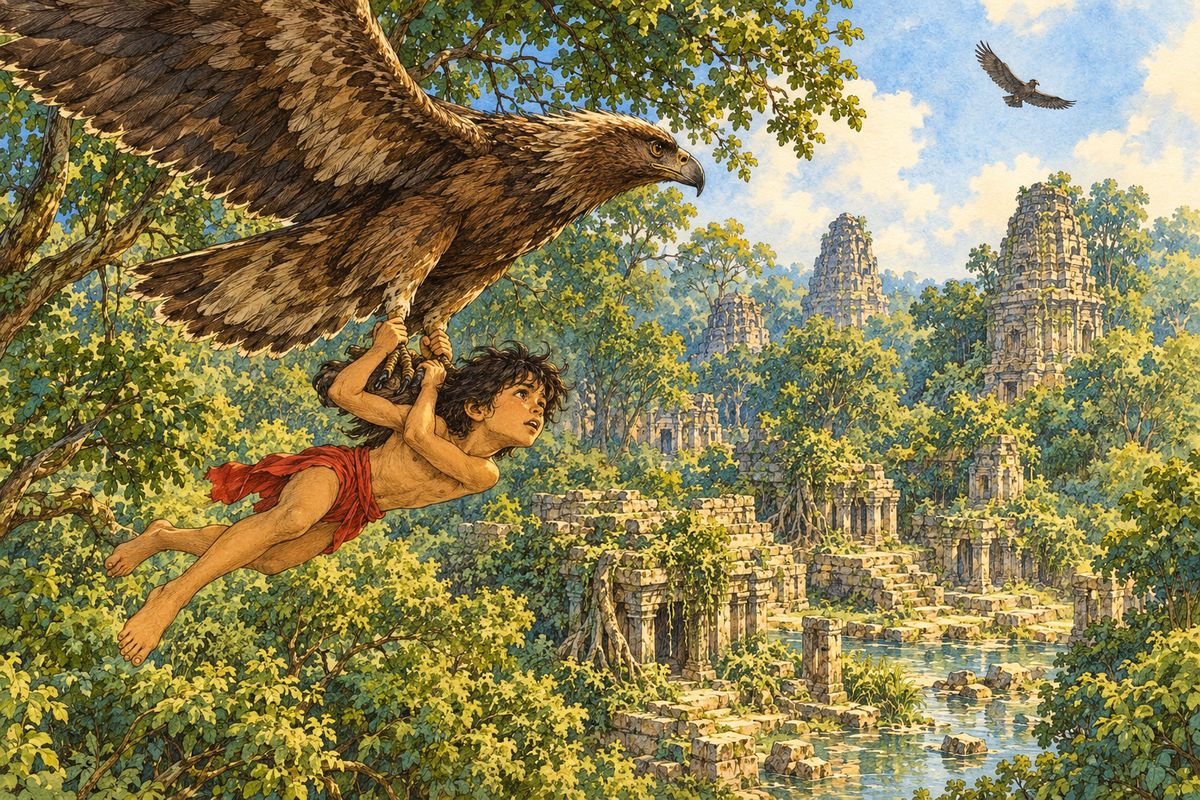 The last words were shrieked as he was being swung through the air, but Rann nodded and rose up till he looked no bigger than a speck of dust, and there he hung, watching with his telescope eyes the swaying of the treetops as Mowgli’s escort whirled along.