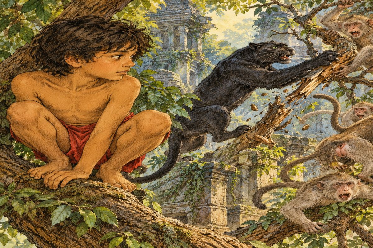So he rocked on his wings, his feet gathered up under him, and waited. Meantime, Baloo and Bagheera were furious with rage and grief.