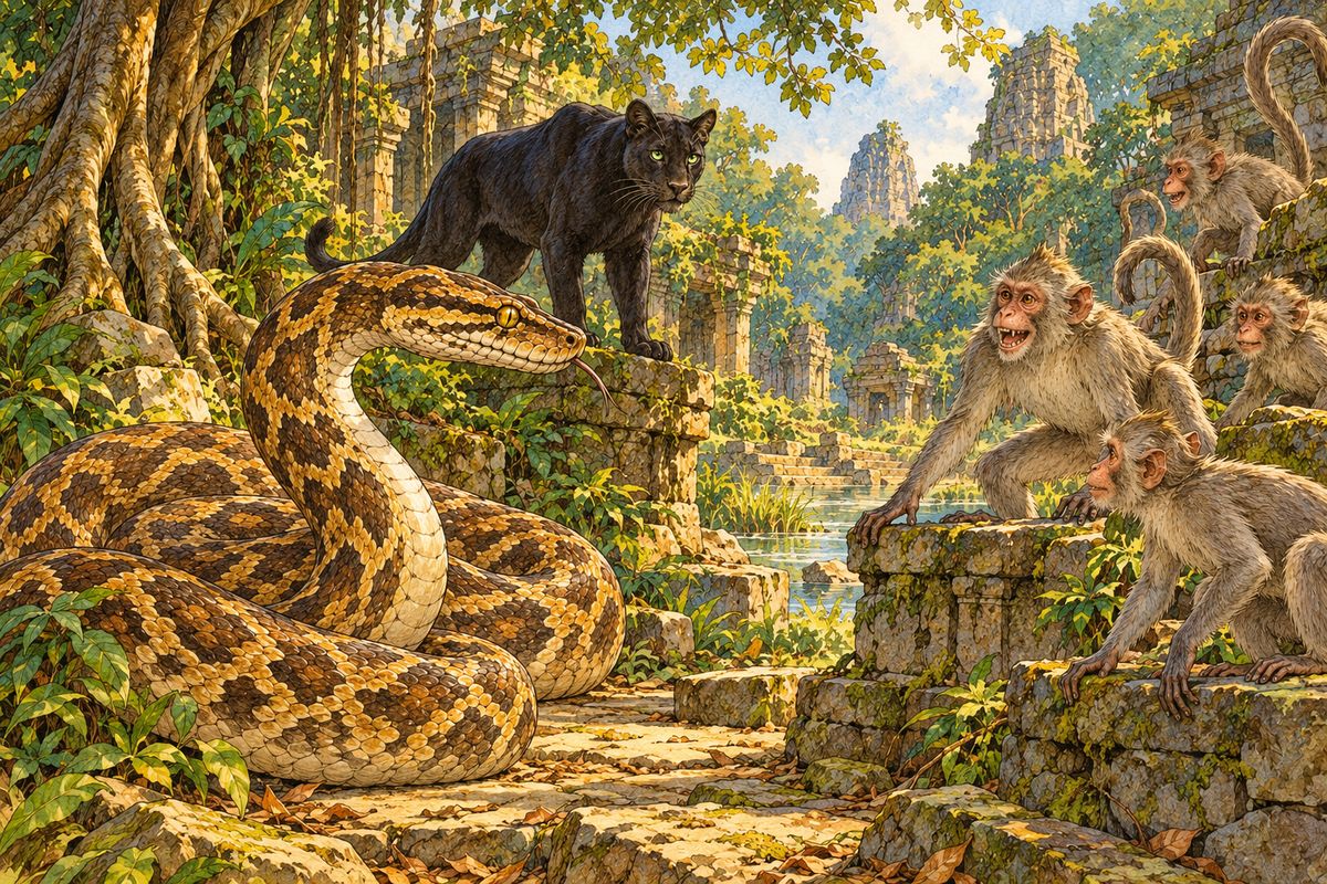 “We are hunting,” said Baloo carelessly. He knew that you must not hurry Kaa. He is too big. “Give me permission to come with you,” said Kaa. “A blow more or less is nothing to thee, Bagheera or Baloo, but I—I have to wait and wait for days in a wood-path and climb half a night on the mere chance of a young ape. Psshaw! The branches are not what they were