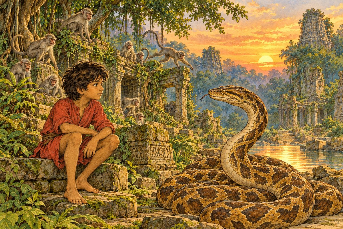 “We must remind them to speak well of their master. Aaa-ssp! We must help their wandering memories. Now, whither went they with the cub?” “The jungle alone knows. Toward the sunset, I believe,” said Baloo. “We had thought that thou wouldst know, Kaa.” “I? How? I take them when they come in my way, but I do not hunt the Bandar-log, or frogs—or green scum on