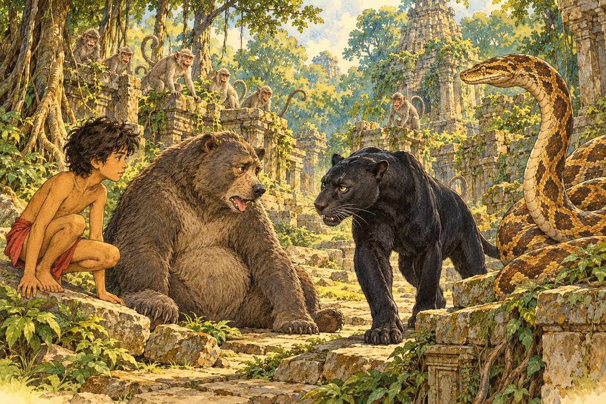 “It is half a night’s journey—at full speed,” said Bagheera, and Baloo looked very serious. “I will go as fast as I can,” he said anxiously.