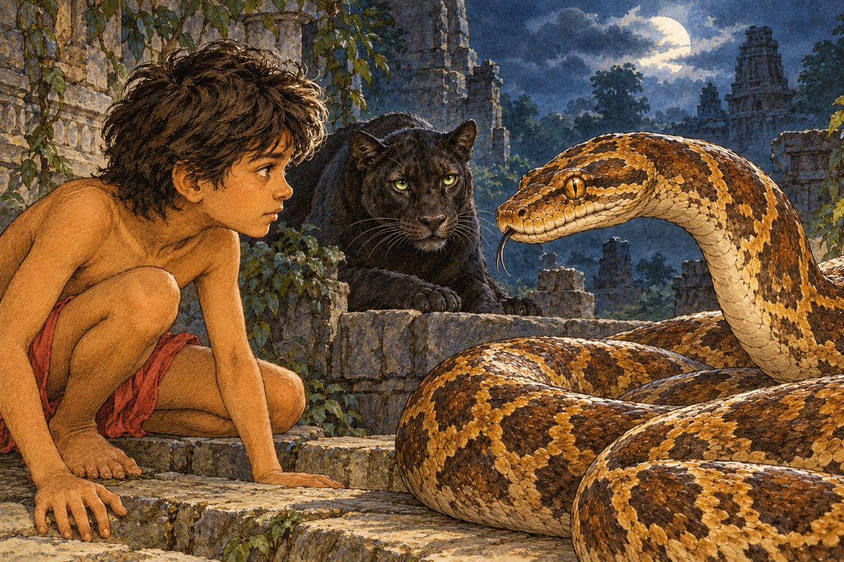 “I will go to the west wall,” Kaa whispered, “and come down swiftly with the slope of the ground in my favor. They will not throw themselves upon my back in their hundreds, but—” “I know it,” said Bagheera.