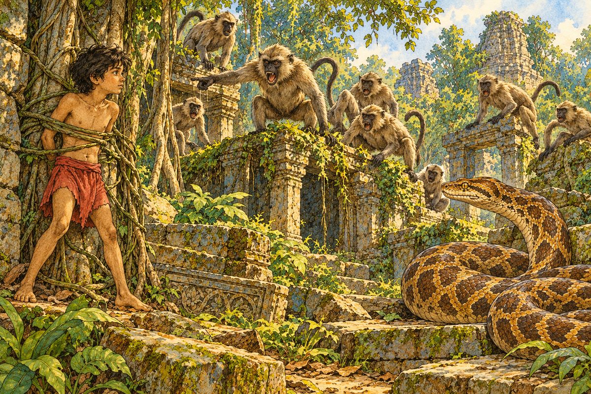 “Stay there,” shouted the monkeys, “till we have killed thy friends, and later we will play with thee—if the Poison-People leave thee alive.”