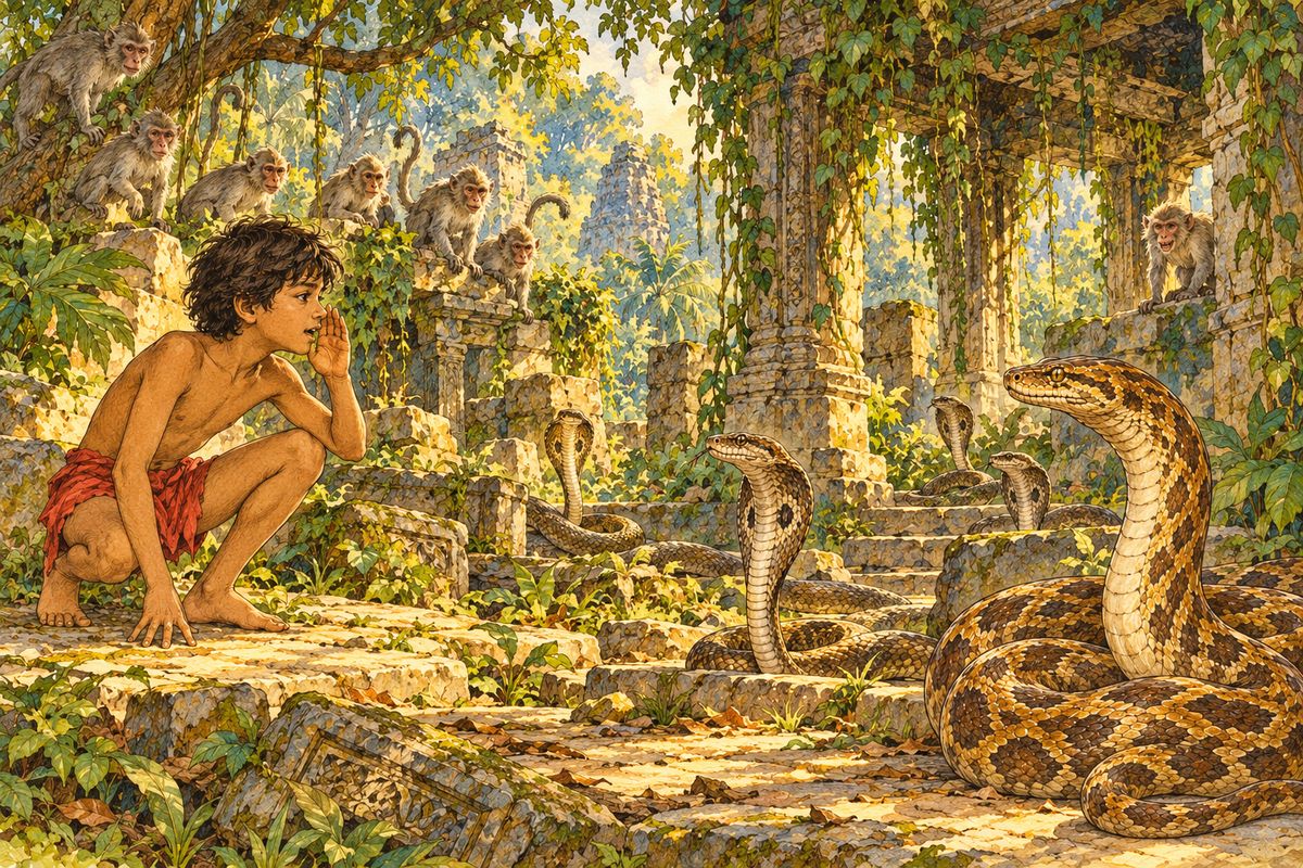 “We be of one blood, ye and I,” said Mowgli, quickly giving the Snake’s Call. He could hear rustling and hissing in the rubbish all round him and gave the Call a second time, to make sure.