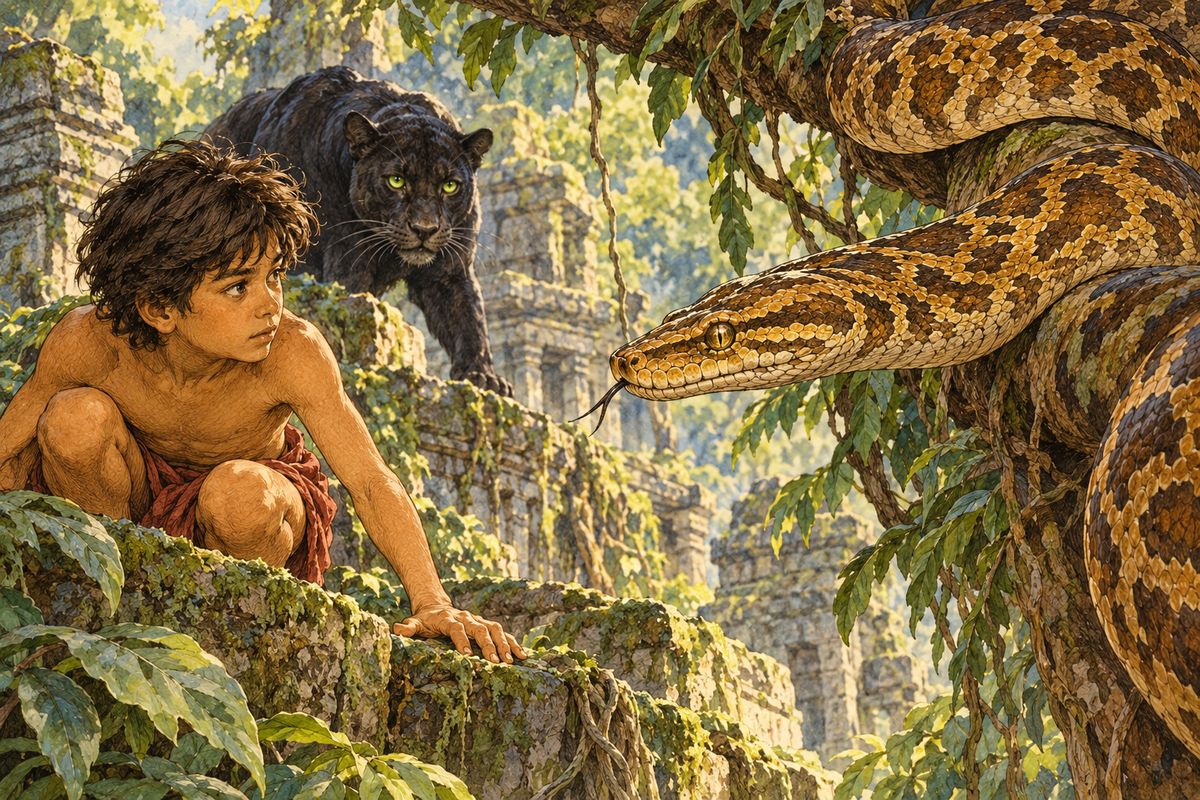 ‘Kaa’ the python Generations of monkeys had been scared into good behavior by the stories their elders told them of Kaa, the night thief, who could slip along the branches as quietly as moss grows, and steal away the strongest monkey that ever lived; of old Kaa, who could make himself look…