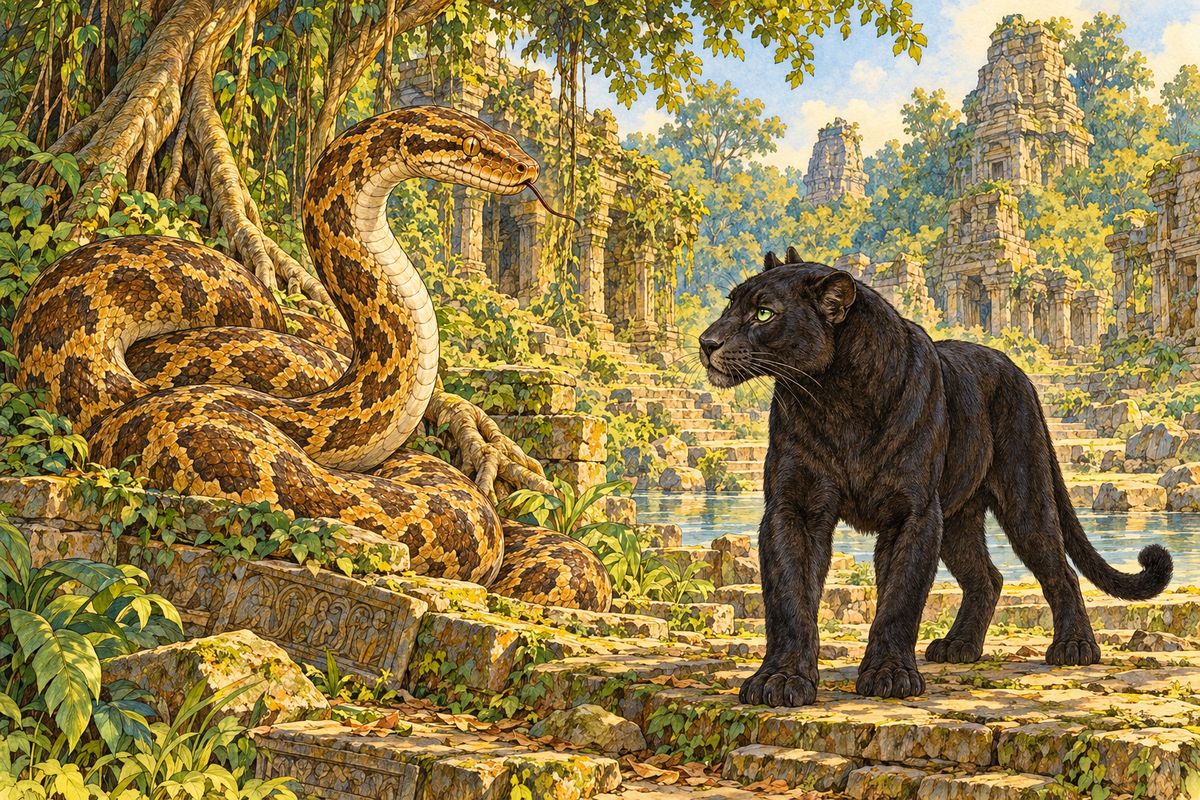 “They will not move till I order them. Stay you sssso!” Kaa hissed, and the city was silent once more. “I could not come before, Brother, but I think I heard thee call”—this was to