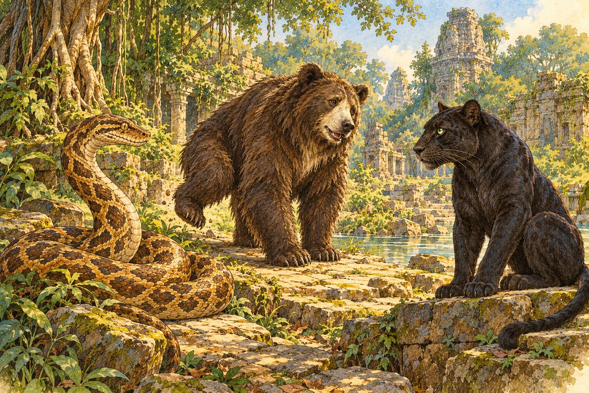 “I—I may have cried out in the battle,” Bagheera answered. “Baloo, art thou hurt? “I am not sure that they did not pull me into a hundred little bearlings,” said Baloo, gravely shaking one leg after the other. “Wow! I am sore. Kaa, we owe thee, I think, our lives—Bagheera and