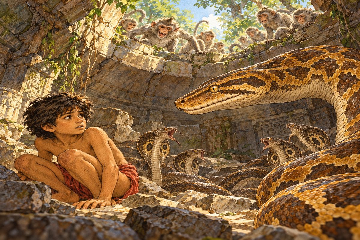 “Here, in a trap. I cannot climb out,” cried Mowgli. The curve of the broken dome was above his head. “Take him away. He dances like Mao the Peacock. He will crush our young,” said the cobras inside. “Hah!” said Kaa with a chuckle, “he has friends everywhere, this manling. Stand back, manling. And hide you, O Poison People. I break down the wall.” Kaa
