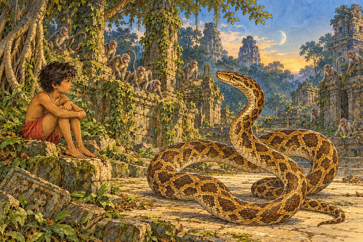 “The moon sets,” he said. “Is there yet light enough to see?” From the walls came a moan like the wind in the tree-tops—“We see, O Kaa.” “Good. Begins now the dance—the Dance of the Hunger of Kaa. Sit still and watch.” He turned twice or thrice in a big circle, weaving his head from right to left. Then he began making loops and figures of eight with his