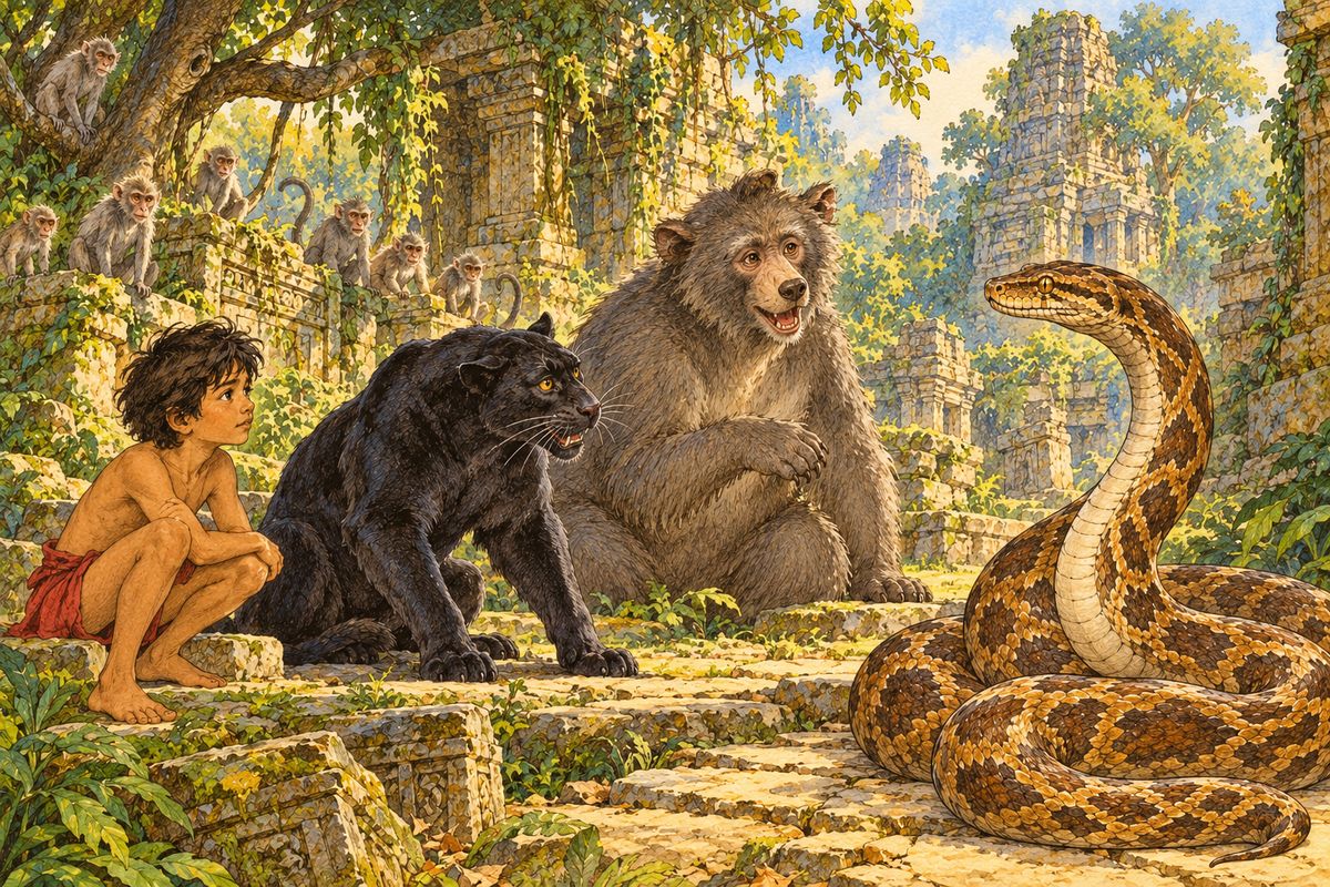 “He knows more than we,” said Bagheera, trembling. “In a little time, had I stayed, I should have walked down his throat.”