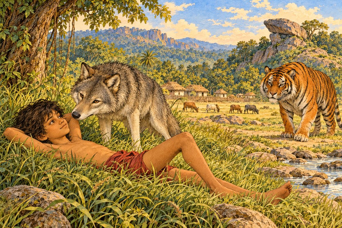 So Mowgli stretched himself in some long, clean grass at the edge of the field, but before he had closed his eyes a soft gray nose poked him under the chin. “Phew!” said Gray Brother (he was the eldest of Mother Wolf’s cubs).