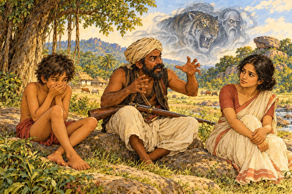 Mowgli, who naturally knew something about what they were talking of, had to cover his face not to show that he was laughing, while Buldeo, the Tower musket across his knees, climbed on from one wonderful story to another, and Mowgli’s shoulders shook. Buldeo was explaining how the tiger that had carried…