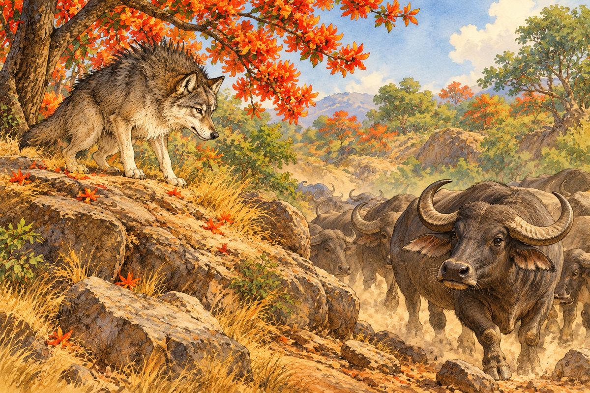 At last a day came when he did not see Gray Brother at the signal place, and he laughed and headed the buffaloes for the ravine by the dhk tree, which was all covered with golden-red flowers. There sat Gray Brother, every bristle on his back lifted.