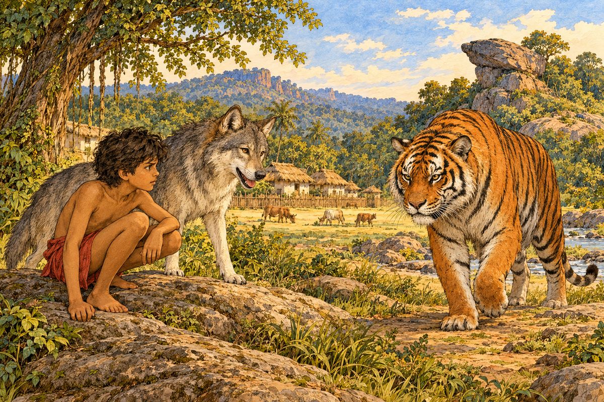 “He has hidden for a month to throw thee off thy guard. He crossed the ranges last night with Tabaqui, hot-foot on thy trail,” said the Wolf, panting.