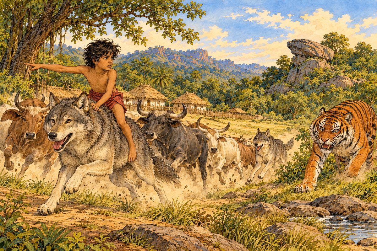 Mowgli slipped on to Rama’s back. “Drive the bulls away to the left, Akela. Gray Brother, when we are gone, hold the cows together, and drive them into the foot of the ravine.” “How far?” said Gray Brother, panting and snapping. “Till the sides are higher than Shere Khan can jump,” shouted Mowgli. “Keep them there till we come down.” The bulls swept off as