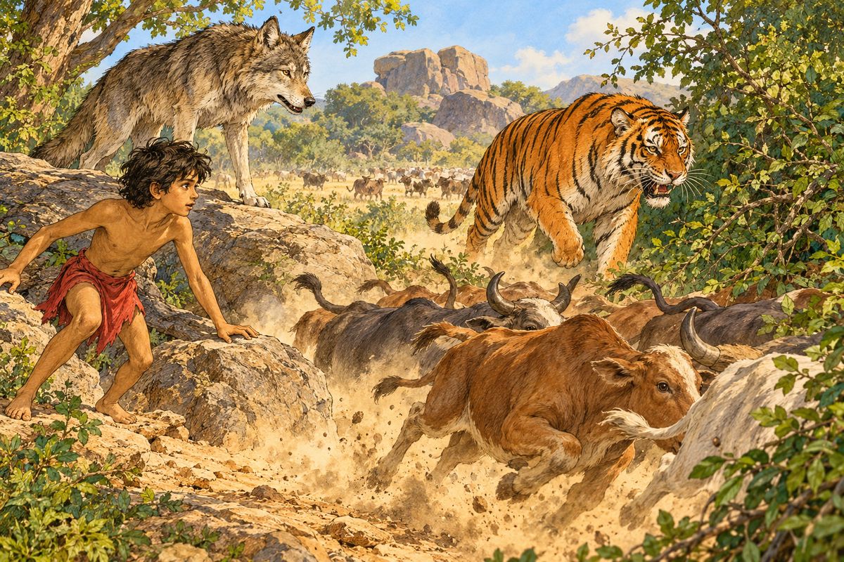 “I have—have hunted these too in my time,” gasped Akela in the dust. “Shall I turn them into the jungle?”